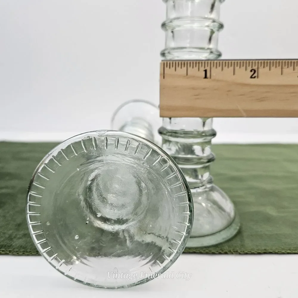 Vtg Stacked Bubble Glass 20th Century Ribbed Pale Green Candle Holders Spain Set